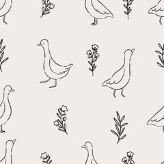 Seamless pattern with geese and flowers line art. Cute minimal background for nursery prints.