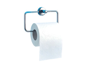 A roll of white toilet paper hangs from a chrome, rounded, rectangular wall-mounted holder on a black background