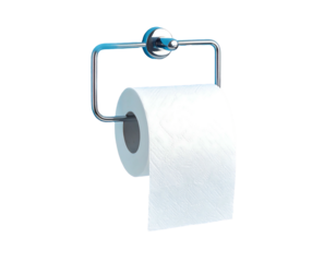A roll of white toilet paper hangs from a chrome, rounded, rectangular wall-mounted holder on a black background