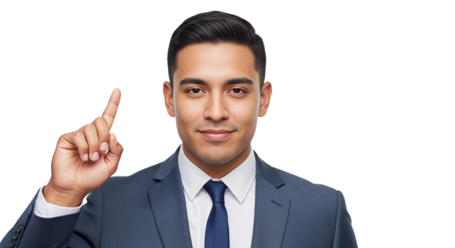 Latino man in suit points finger up with confident expression, isolated on White
