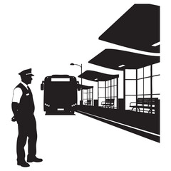 Bus driver standing at bus station silhouette vector illustration. Public transport scene with arriving bus and shelter. © MAHADEE