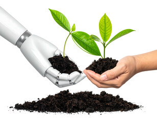 A robot & human hand both holding soil with plant. Ground with soil at the bottom