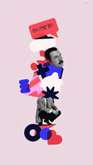 Artwork with man surrounded by abstract symbols expressing confusion and emotional conflict. Concept of inner dialogue, miscommunication, self-regulation for psychology and behavioral research visuals