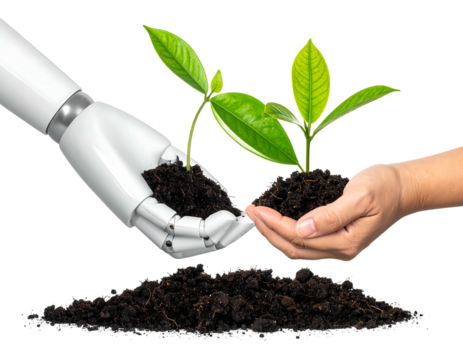 A robot & human hand both holding soil with plant. Ground with soil at the bottom