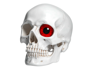 A white skull with a striking red eye, isolated on a black backdrop. Sinister and eerie anatomical detail visible