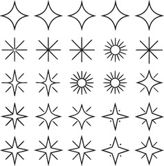 Collection of 21 minimalist black line art star and sunburst icons symbol graphic