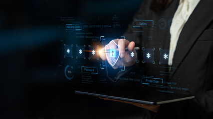 A concept of an advanced cybersecurity system. The futuristic interface shows a multi-factor authentication process using a secure password or PIN for enhanced data protection. Fermion