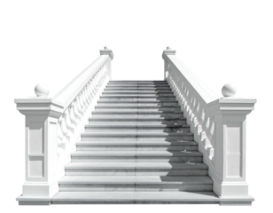 A white stone stairway rises against a black background, flanked by ornate railings with rounded finials