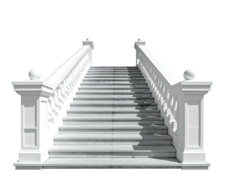 A white stone stairway rises against a black background, flanked by ornate railings with rounded finials