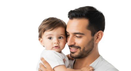 Latino father holds toddler closely with a loving smile in a bright and simple setting