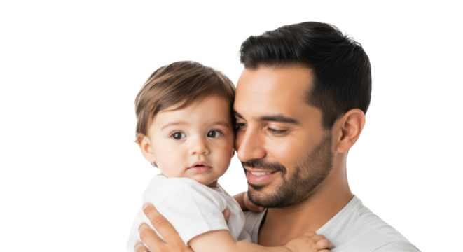 Latino father holds toddler closely with a loving smile in a bright and simple setting