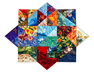 A patchwork quilt made of floral patterned squares, angled in a star shape against a dark background