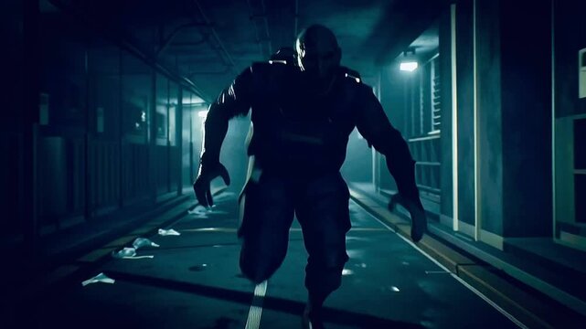 Aggressive zombie monster with glowing red eyes and sharp teeth wearing tactical gear, running menacingly through a dark, foggy, and abandoned industrial hallway, creating a frightening atmosphere