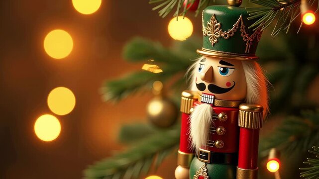 Nutcracker toy figurine against decorated Christmas tree with bokeh lights. Traditional New Year's Eve celebration