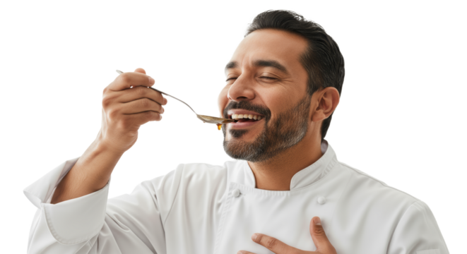 Latino chef enjoys tasting delicious sauce against a plain background of white - Powered by Adobe