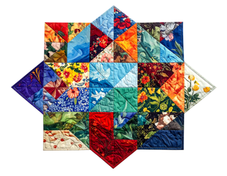 A patchwork quilt made of floral patterned squares, angled in a star shape against a dark background