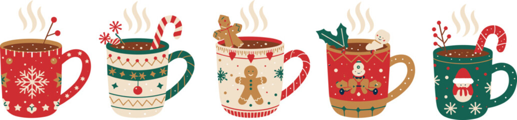 Cute Christmas hot cocoa mugs with candy canes and gingerbread cookies, festive winter drink illustration for holiday design and decoration.