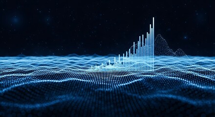 Photo of abstract digital visualization of a growing bar chart representing financial data and economic growth in a futuristic blue digital landscape with glowing particles and a dark background