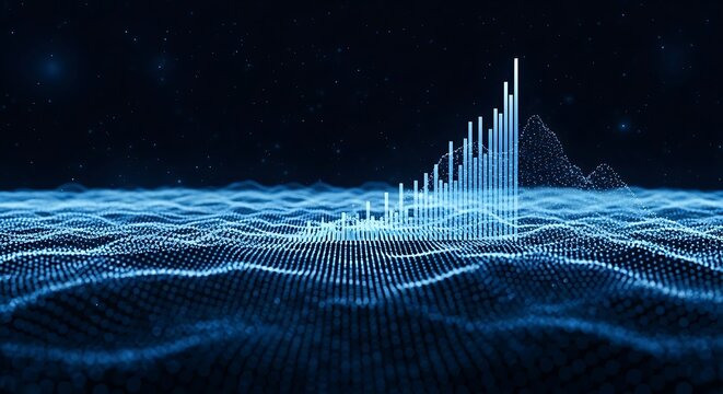 Photo of abstract digital visualization of a growing bar chart representing financial data and economic growth in a futuristic blue digital landscape with glowing particles and a dark background