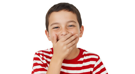 Latino boy with freckles giggling and covering his mouth against a white background
