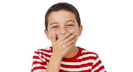 Latino boy with freckles giggling and covering his mouth against a white background