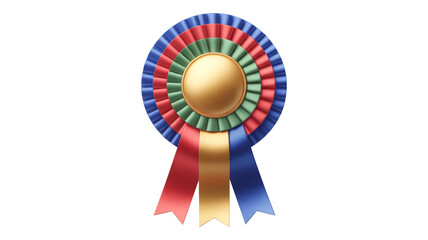Vibrant 3D Rosette Ribbon Badge with Gold Center and Red, Yellow, Blue, Green Streamers