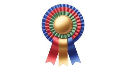 Vibrant 3D Rosette Ribbon Badge with Gold Center and Red, Yellow, Blue, Green Streamers