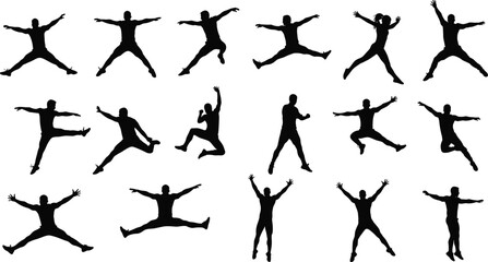 Set of 20 Dynamic Human Silhouettes in Jumping and Stretching Poses for Fitness, Dance, Motion Study, and Vector Design Use