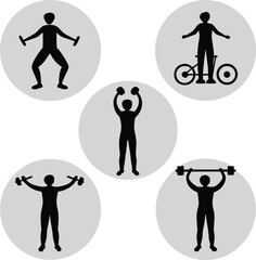 Five black silhouette figures engaged in fitness activities within grey circles exercise people