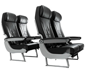A row of three airplane seats, black leather with light gray trim, reclined, on a transparent background