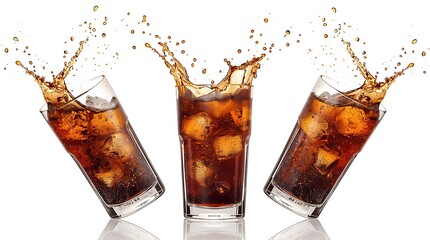 Three glasses of cola with ice isolated on white background