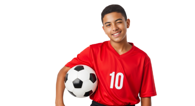 Playful Latino teen winks while holding soccer ball by his side against a white background
