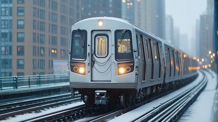 Naklejka premium Subway train glides from a tunnel into a lively neighborhood under the warm afternoon light