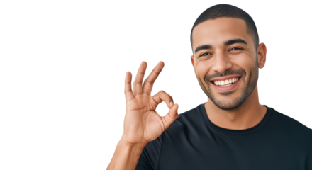 Confident Latino man smiles and makes OK hand gesture against a white background, radiating positivity and kindness
