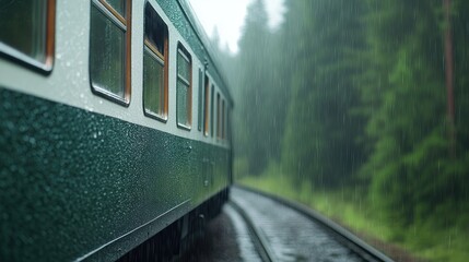 A passenger train gliding through a lush, rainy forest with gentle raindrops creating a dreamy atmosphere