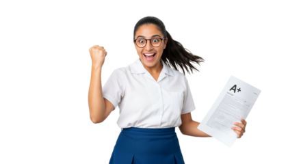 Latina student celebrates after acing her test with excitement and joy in a school uniform