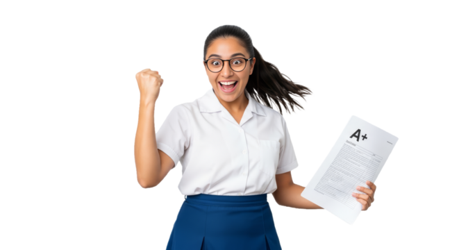 Latina student celebrates after acing her test with excitement and joy in a school uniform