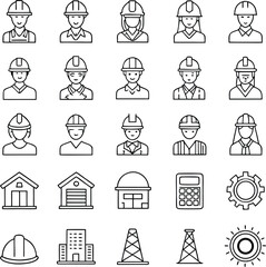 Set of 20 black line icons depicting construction workers buildings and industry equipment construction worker icon