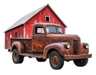 A rusty, vintage truck stands before a red barn, evoking a sense of rural, aged Americana on a black background
