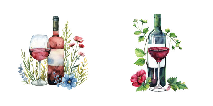 floral wine watercolor vector illustration