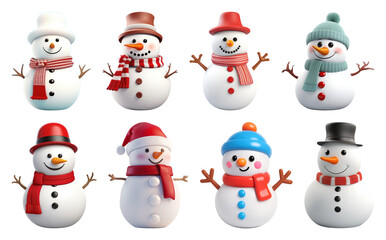 PNG Charming snowmen with colorful accessories, element set on transparent background