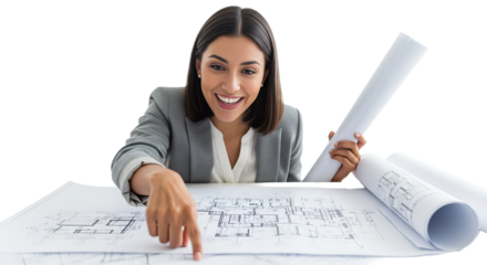 Latina architect expresses excitement while showing her blueprint in a bright and inspiring setting