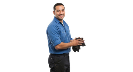 Latino mechanic wipes his hands after detailing a car, standing in front of a white background