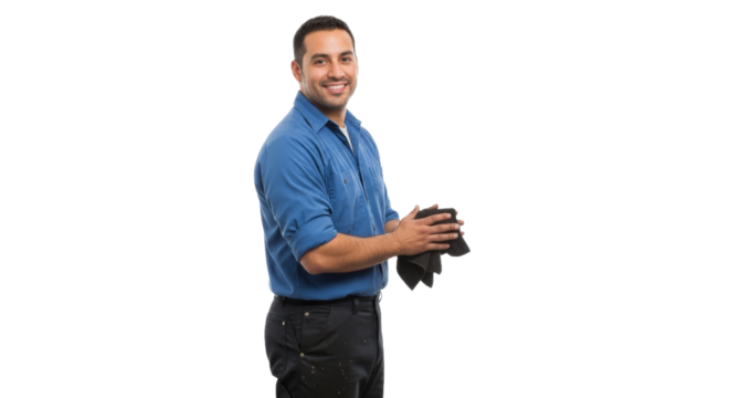 Latino mechanic wipes his hands after detailing a car, standing in front of a white background - Powered by Adobe
