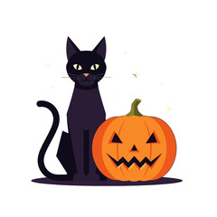 A sleek black cat with yellow eyes sits beside a spooky carved Jack-o'-lantern pumpkin, an iconic symbol for the Halloween holiday isolated on white