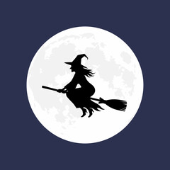 Silhouette of a witch on a broomstick flying across a full moon against a dark blue background © Galih