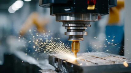 Industrial CNC machine cutting metal parts under robotic supervision, emotion of meticulous craftsmanship and technological expertise visible, representing automated metalworking, modern factory