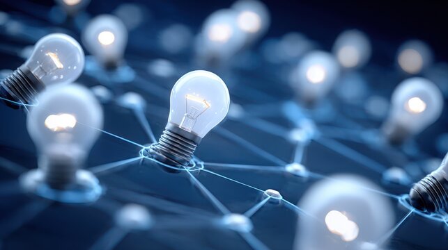 Light Bulb Network Concept with Illuminated Bright Light Bulbs Connected in Modern Technology Style