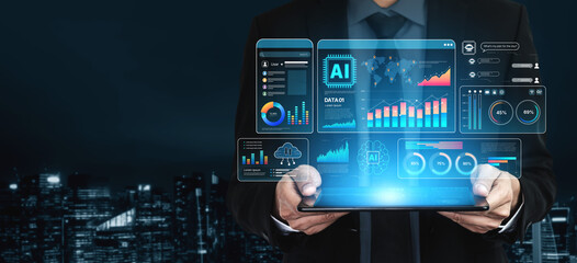 Fototapeta premium AI Assistant Brain Processor with LLM Technology, Big Data, Machine Learning, Generative AI for Business Support, Future Agentic AI Technology and Artificial Intelligence Prompt Engineering. Spline