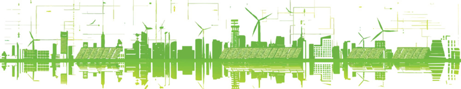a simple vector illustration of an urban skyline made from green buildings, with solar panels and wind turbines along the horizon line on a white background